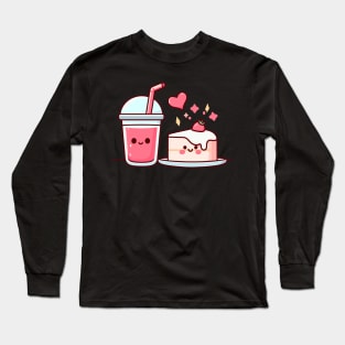 Design for Strawberry Lovers with a Kawaii Style Strawberry Cake and Drink | Cutesy Kawaii Long Sleeve T-Shirt